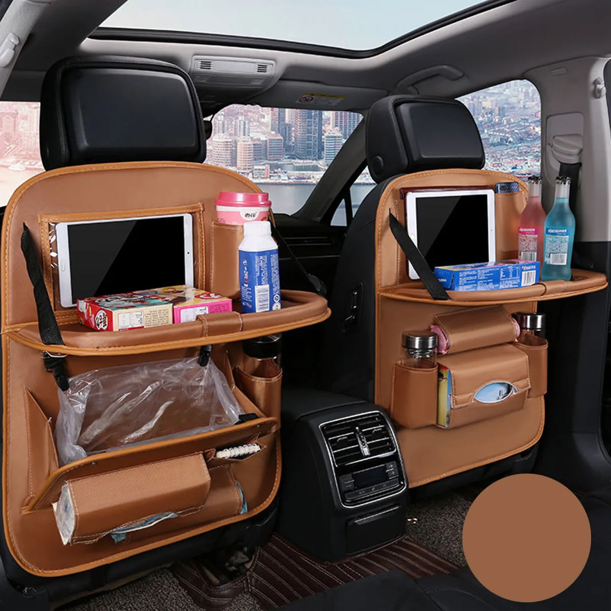 Backseat Organizer With Tablet Holder PU Leather, Custom Fit For Your Cars, Backseat Car Organizer, Car Seat Back Protectors Kick With Foldable Table Tray Car Seat Organizer, Car Accessories MC15987
