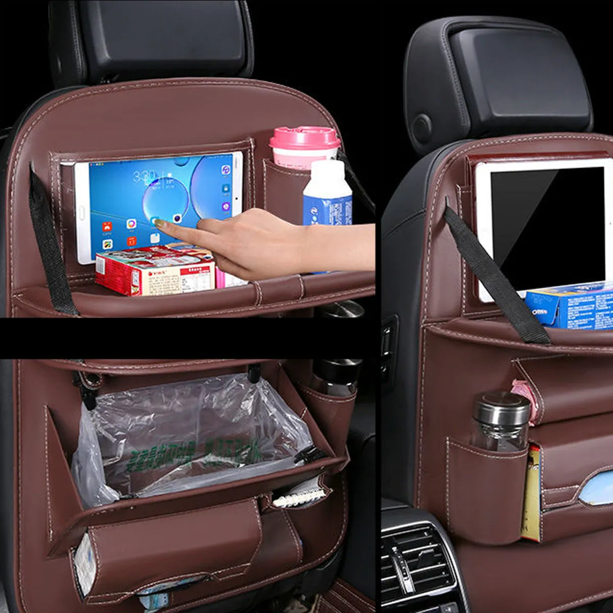 Backseat Organizer With Tablet Holder PU Leather, Custom Fit For Your Cars, Backseat Car Organizer, Car Seat Back Protectors Kick With Foldable Table Tray Car Seat Organizer, Car Accessories MC15987