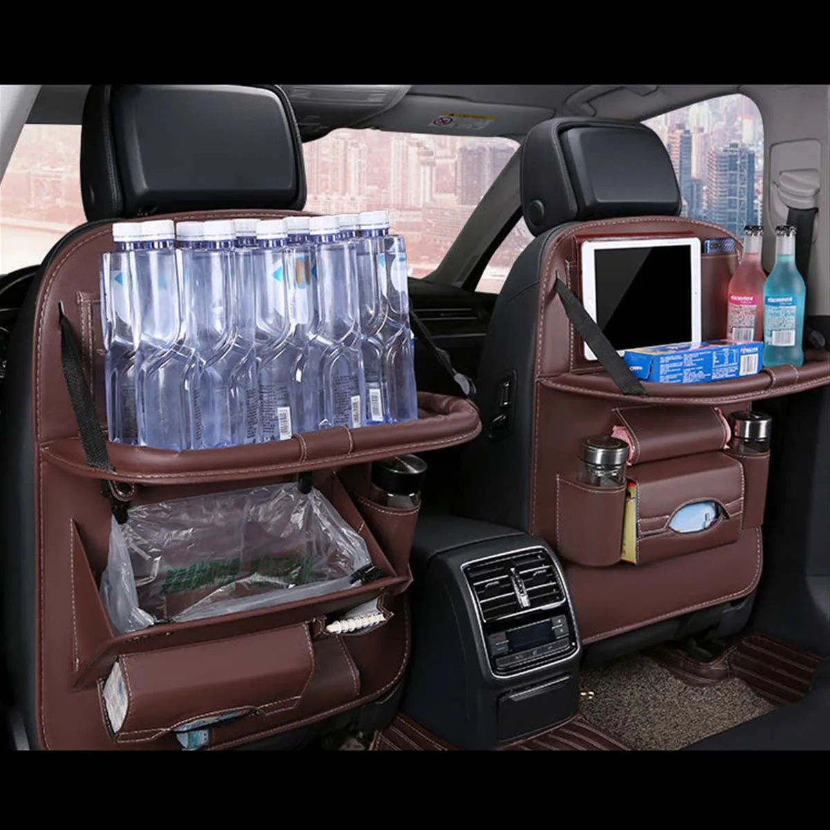 Backseat Organizer With Tablet Holder PU Leather, Custom Fit For Your Cars, Backseat Car Organizer, Car Seat Back Protectors Kick With Foldable Table Tray Car Seat Organizer, Car Accessories MC15987