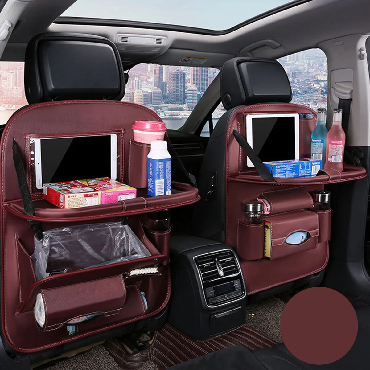 Backseat Organizer With Tablet Holder PU Leather, Custom Fit For Your Cars, Backseat Car Organizer, Car Seat Back Protectors Kick With Foldable Table Tray Car Seat Organizer, Car Accessories MC15987