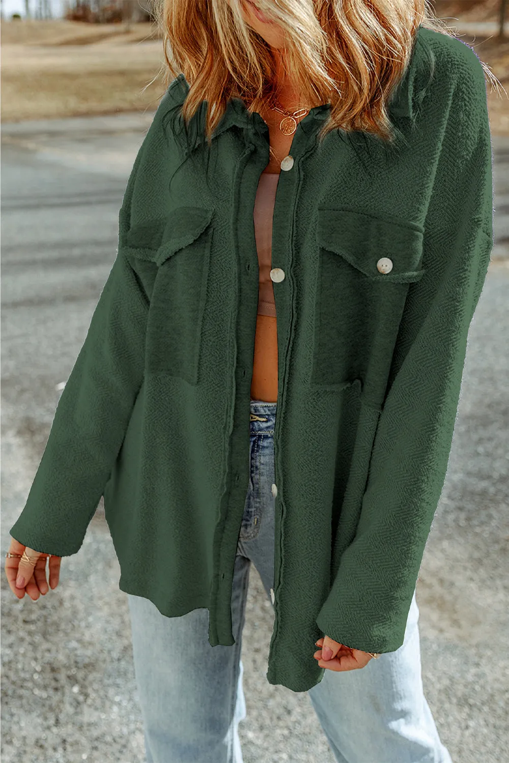 Black Contrast Flap Pockets Relaxed Shacket