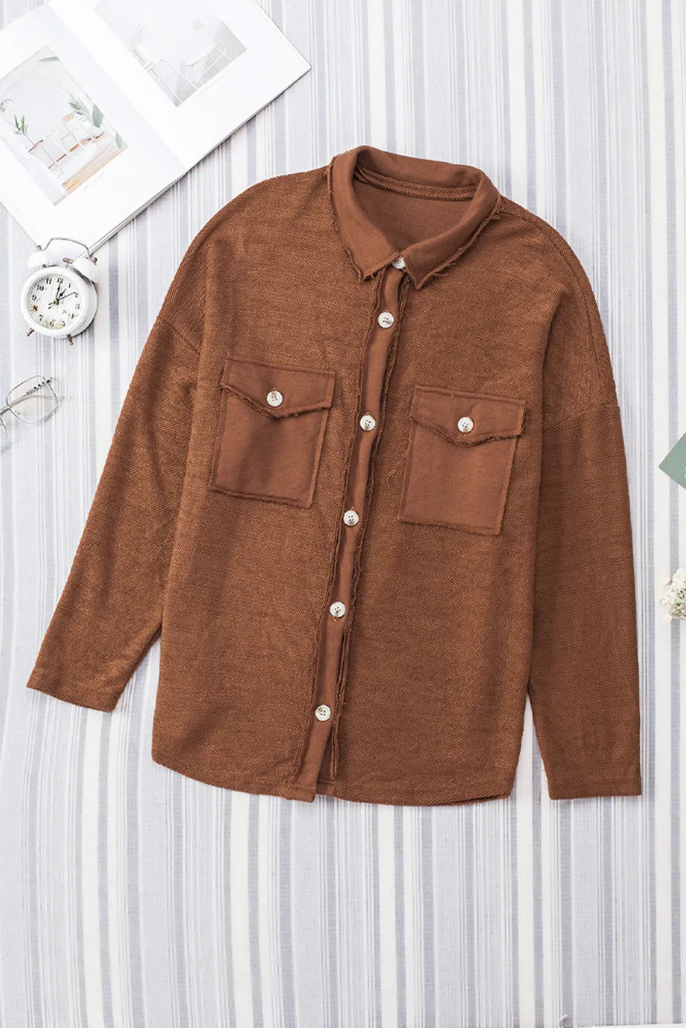 Black Contrast Flap Pockets Relaxed Shacket