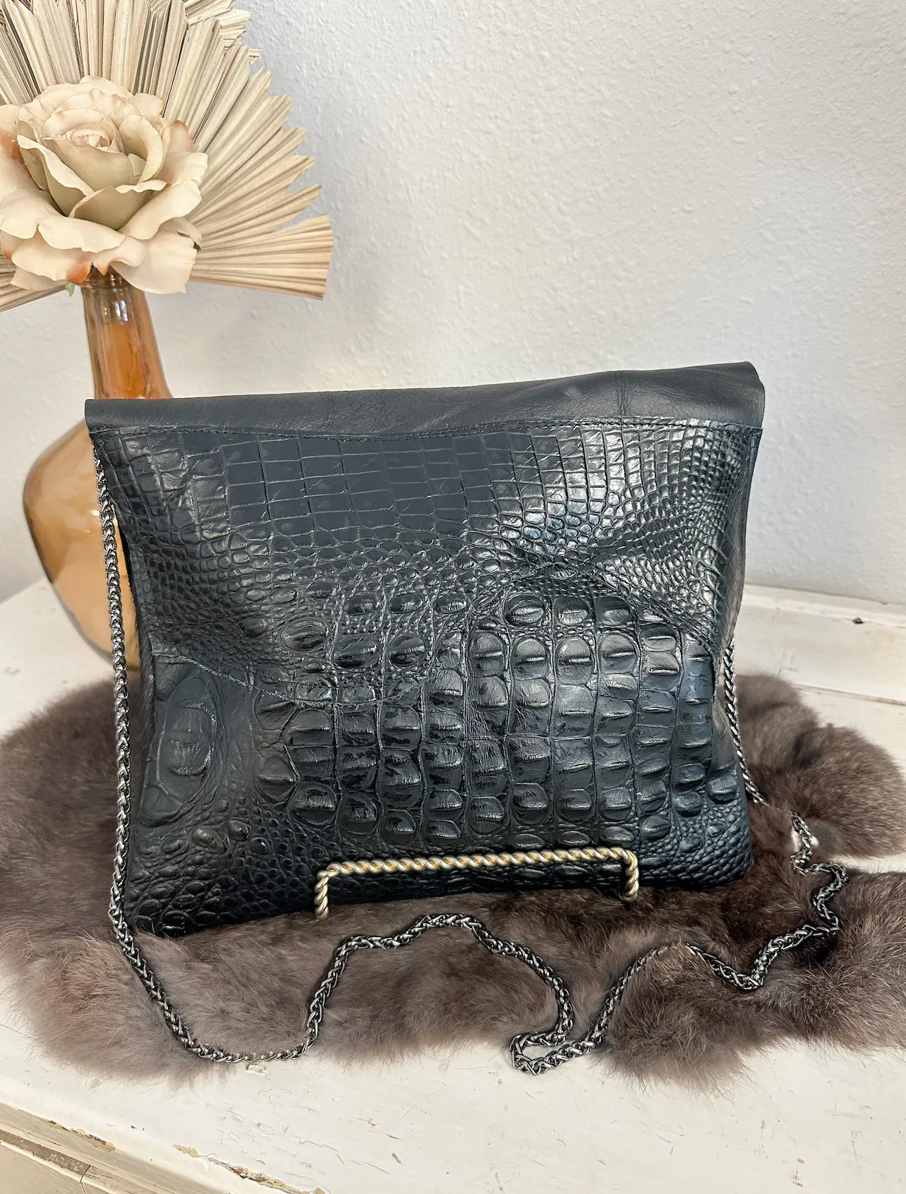 Black Hide and croc with Double Flap Clutch/Crossbody