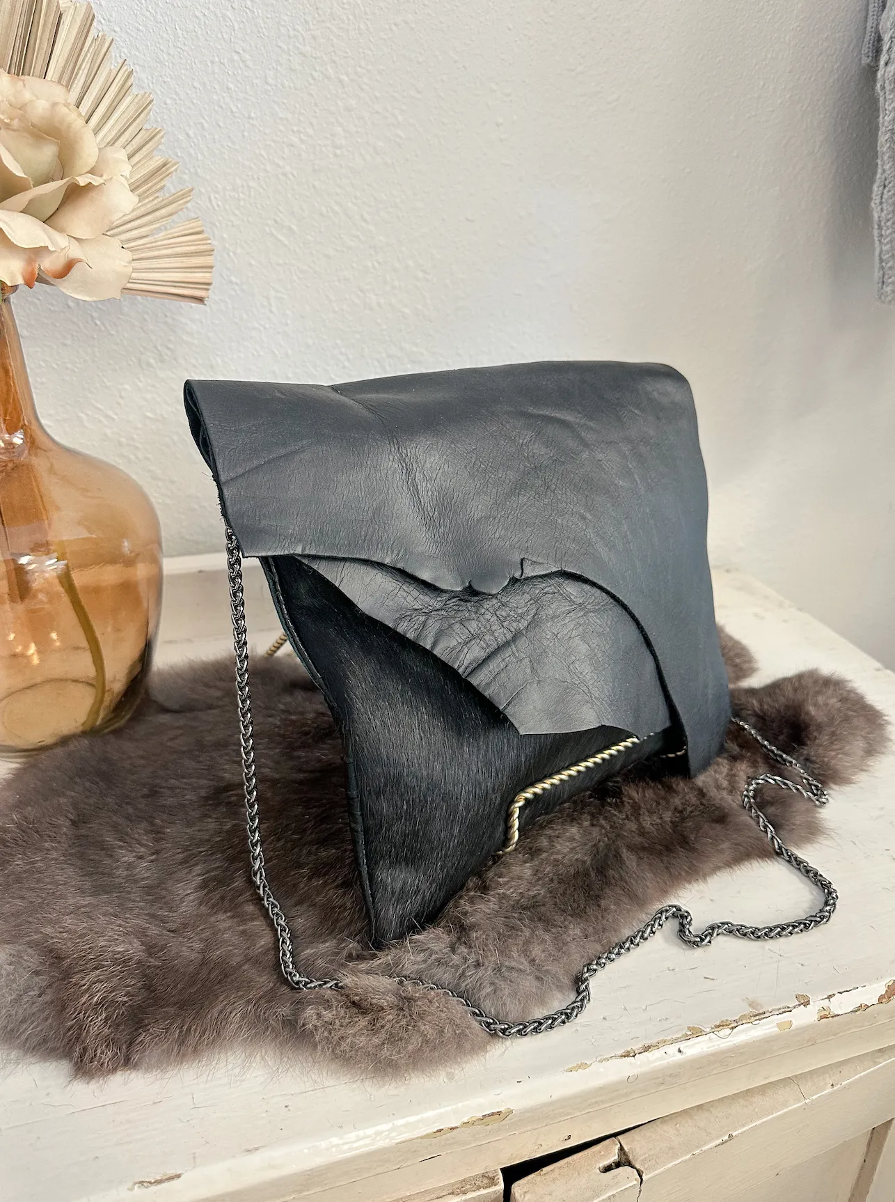 Black Hide and croc with Double Flap Clutch/Crossbody