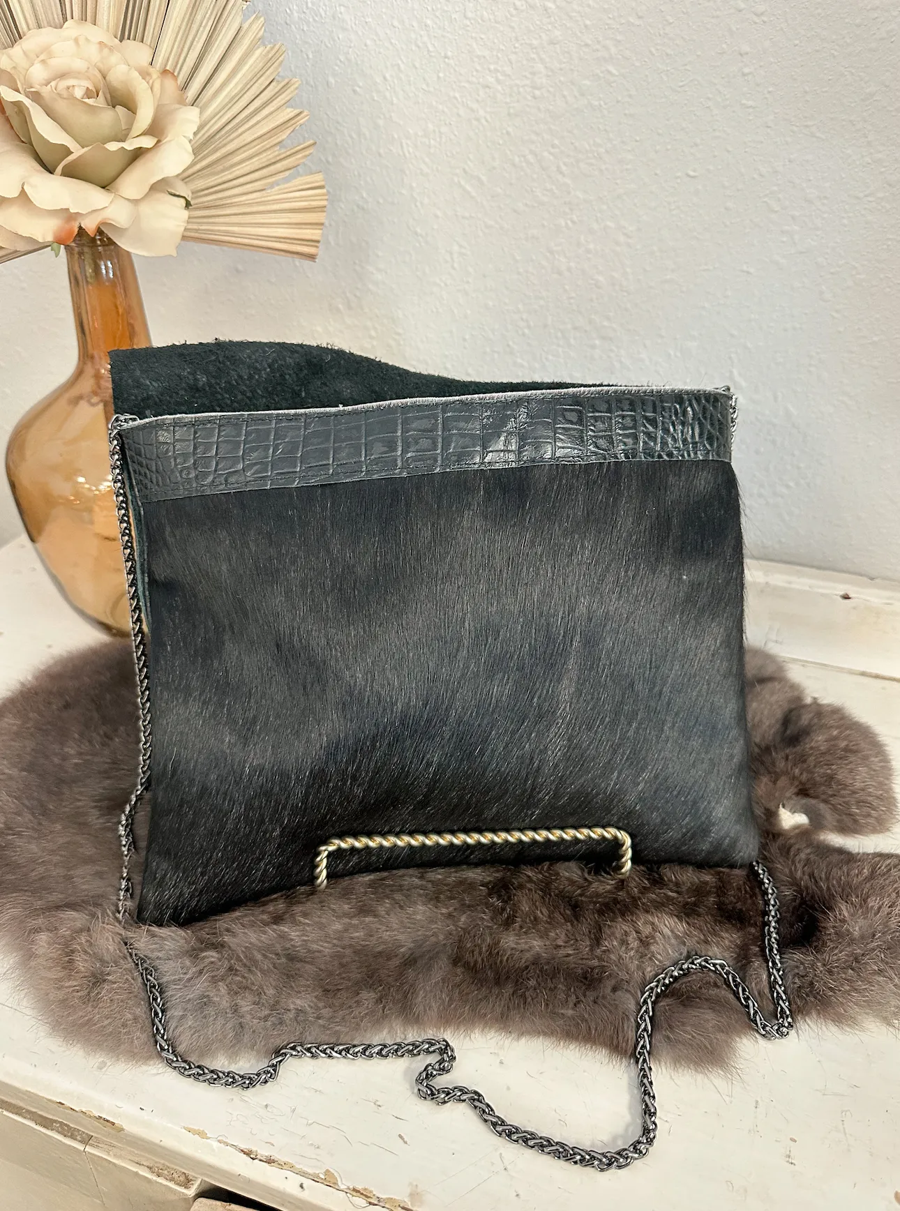 Black Hide and croc with Double Flap Clutch/Crossbody