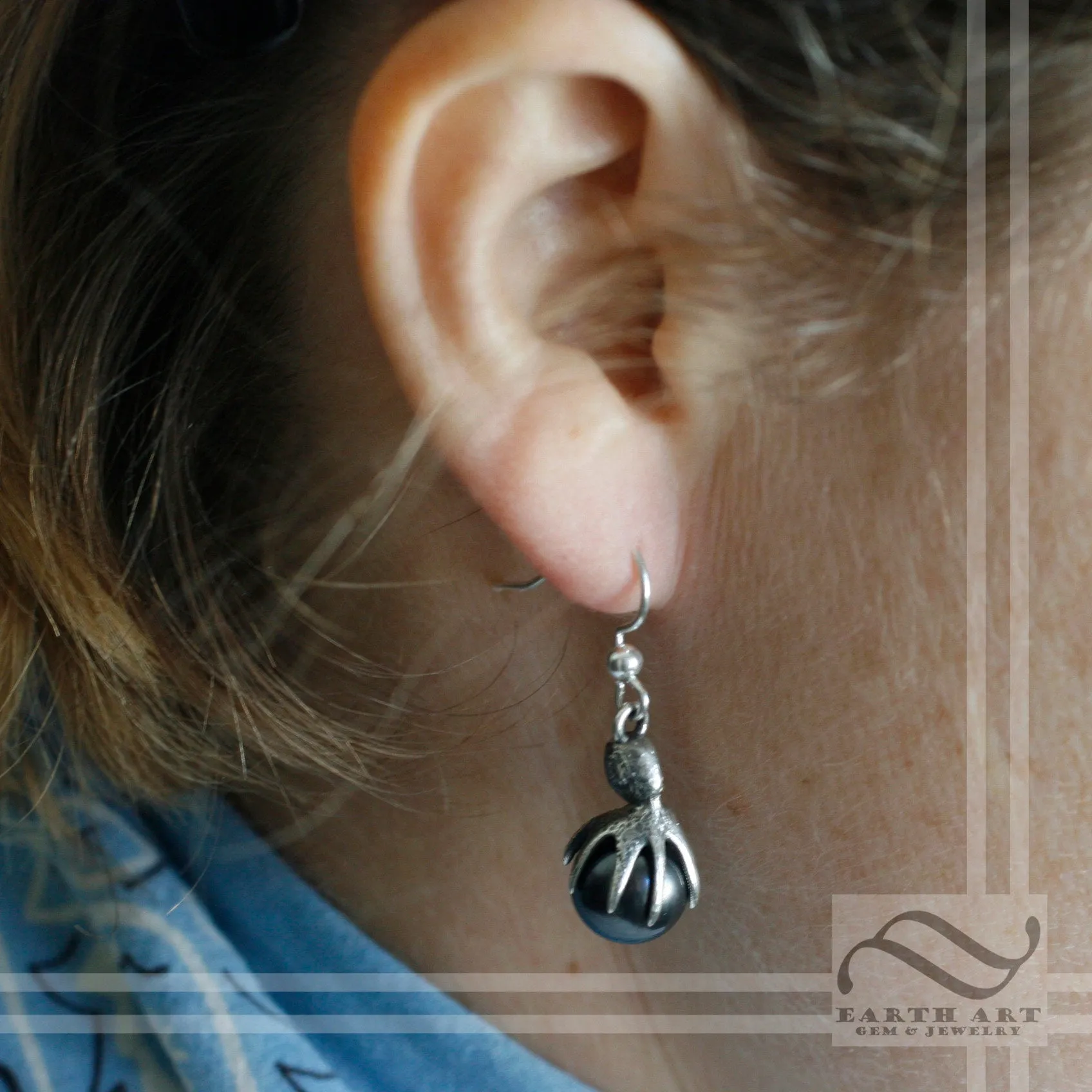 Black Pearl Octopus Earrings - Sterling Silver
