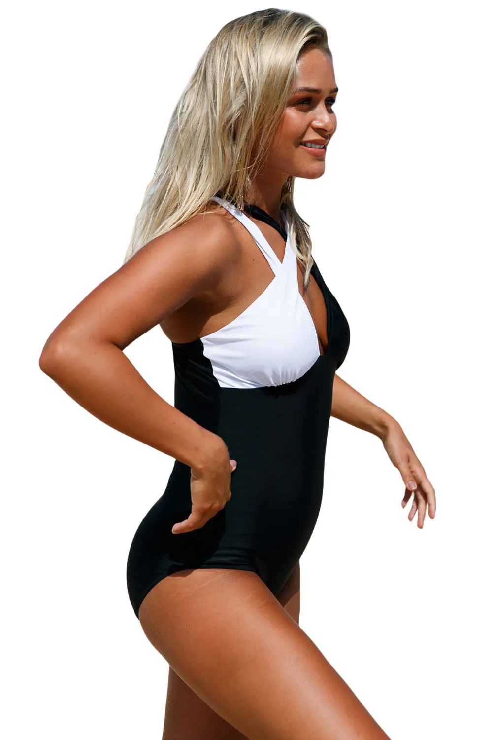 Black White Double Cross Strap One Piece Swimsuit
