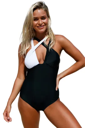 Black White Double Cross Strap One Piece Swimsuit