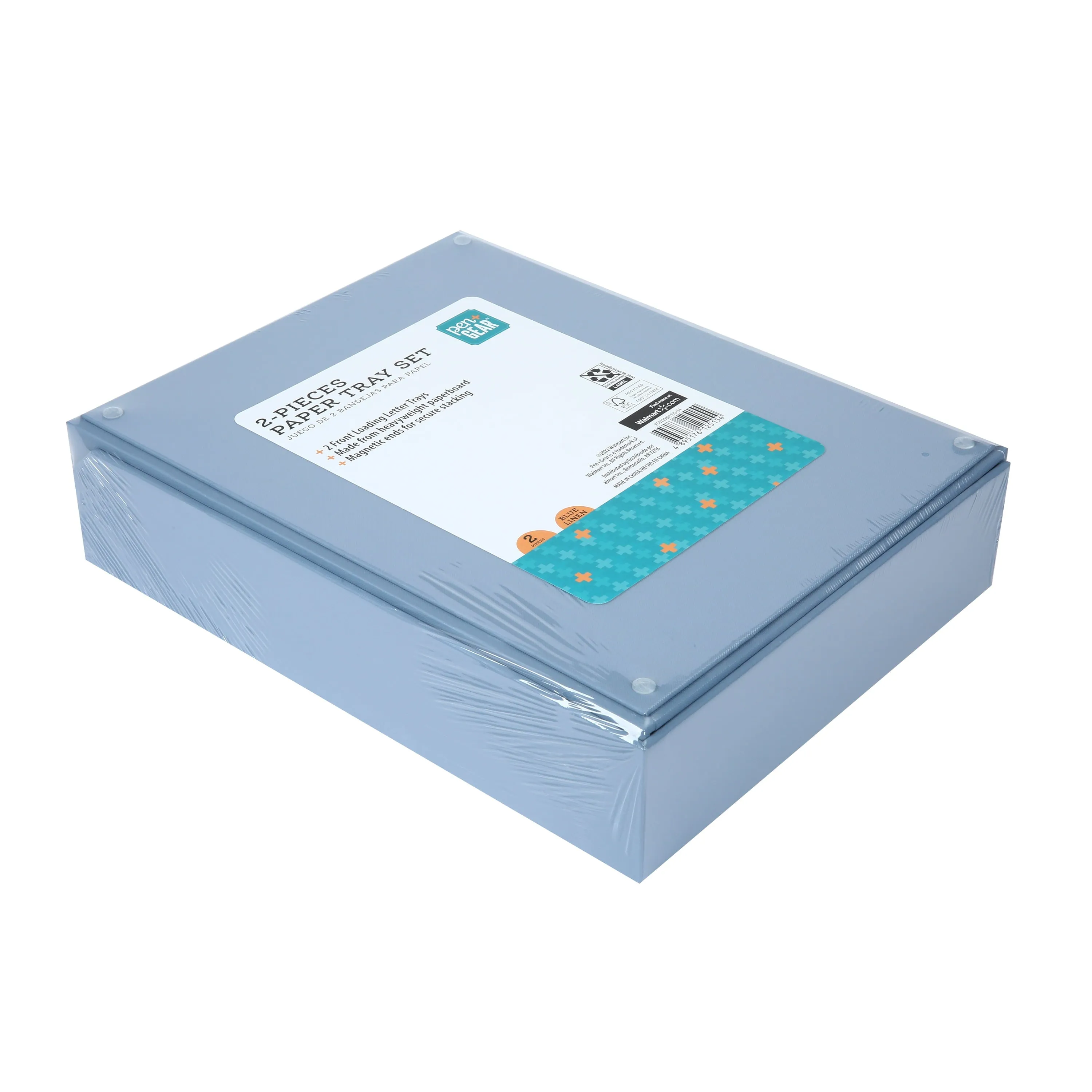 Blue Linen Paperboard Desk Organizer - 2-Piece Paper Tray Set - Fast Shipping