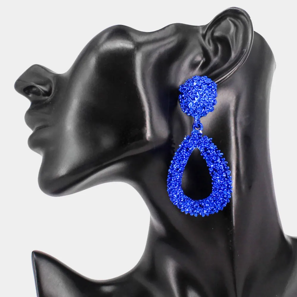 Blue Textured Metal Teardrop Fun Fashion Earrings | 513967