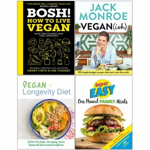 BOSH! How to Live Vegan, Vegan (ish), Vegan Longevity Diet, Super Easy One Pound Family Meals 4 Books Set By Henry Firth