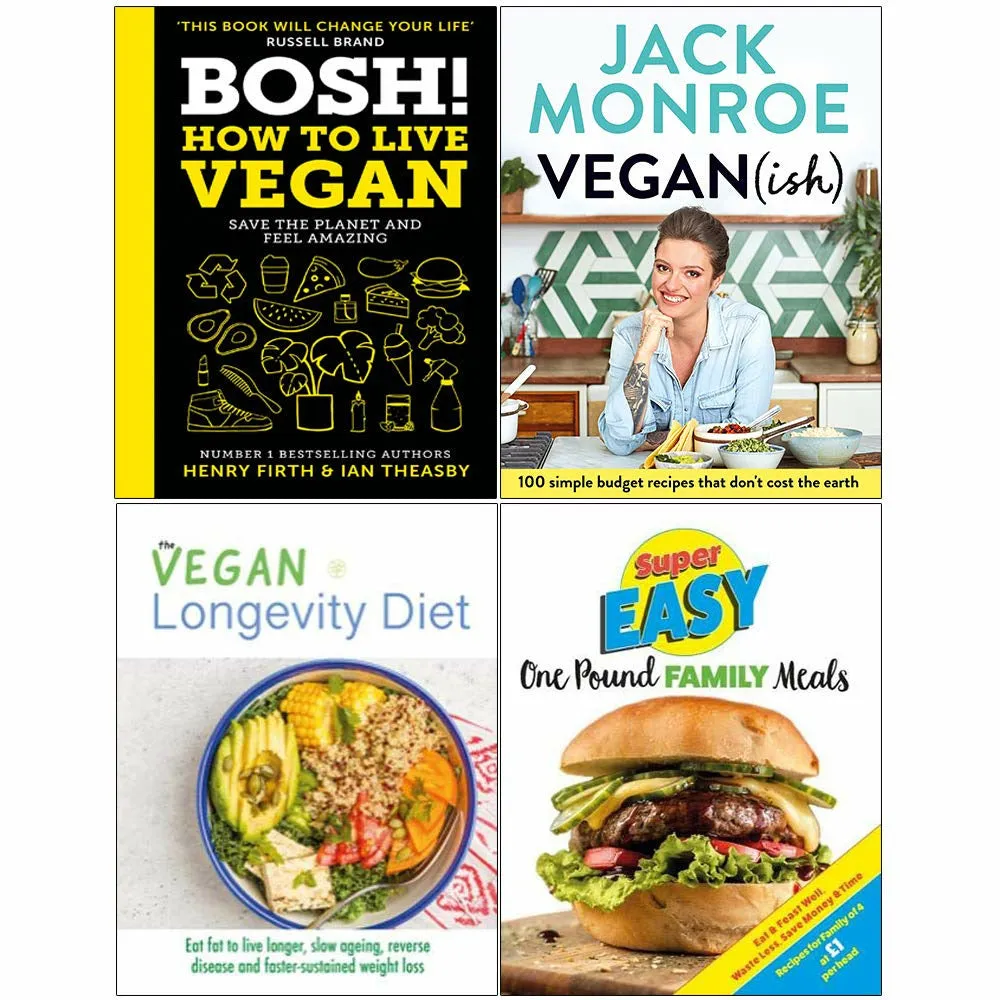 BOSH! How to Live Vegan, Vegan (ish), Vegan Longevity Diet, Super Easy One Pound Family Meals 4 Books Set By Henry Firth
