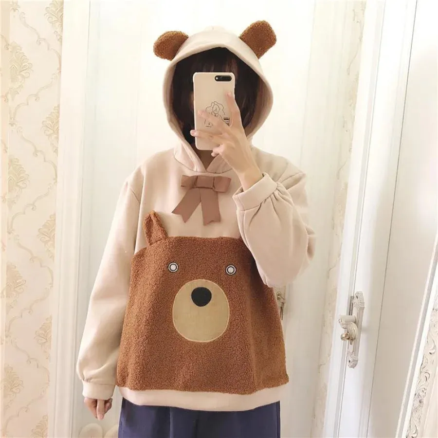 Bowknot Bear Ears Cartoon Hoodie J10005