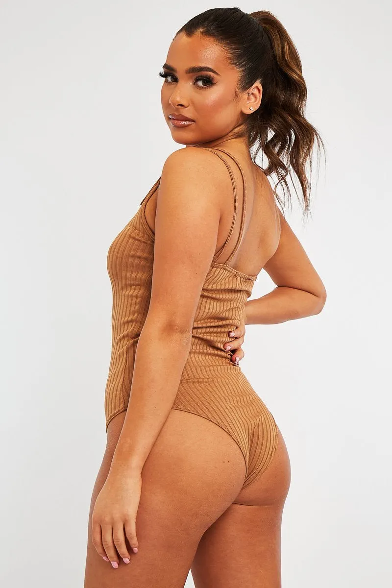 Camel Ribbed Double Strap One Shoulder Bodysuit - Lavia