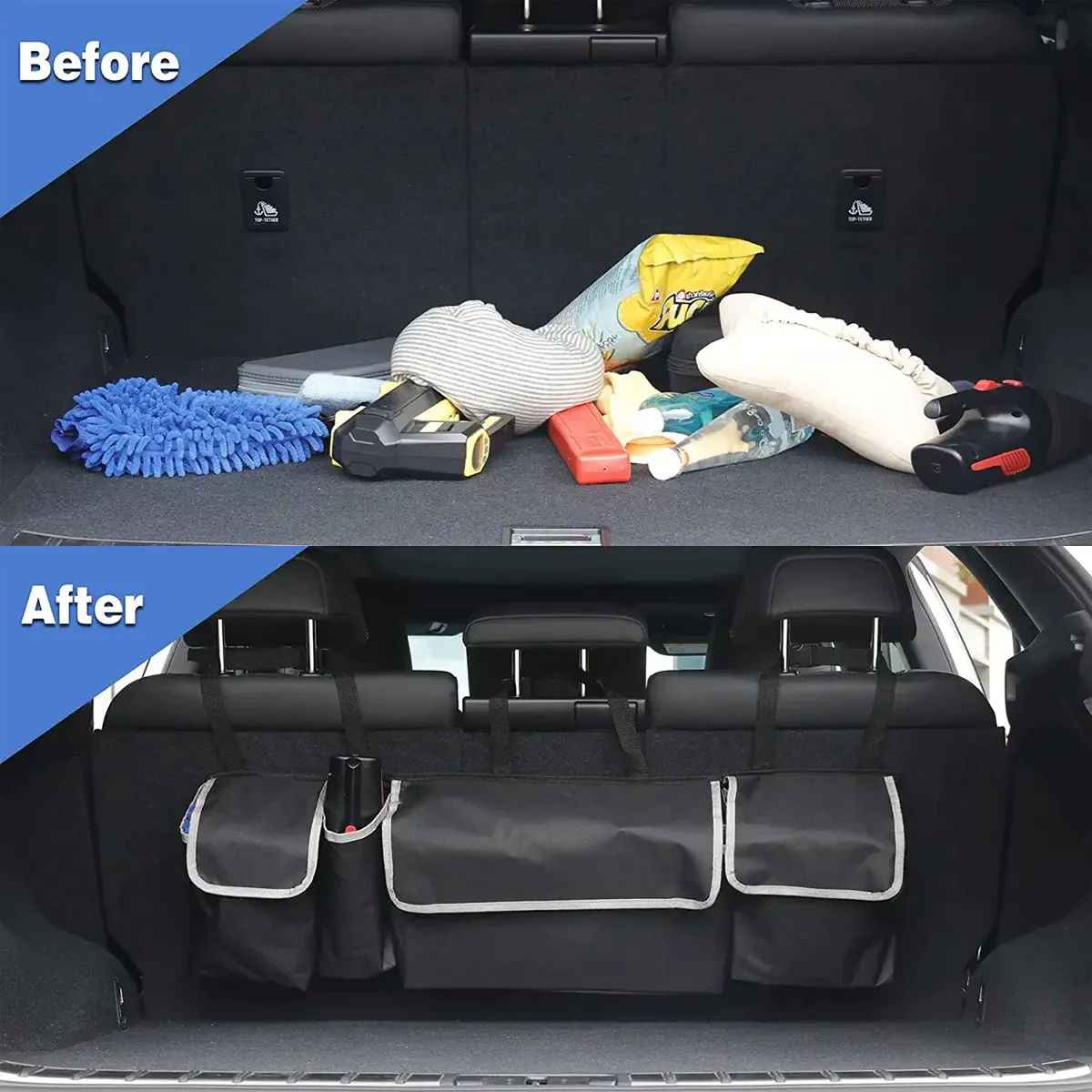 Car Trunk Hanging Organizer, Custom Logo For Your Car Thick Backseat Trunk Storage Bag with 4 Pockets and 3 Adjustable Shoulder Straps, Foldable Car Trunk Interior Accessories Releases Your Trunk Space, Free Trunk Floor