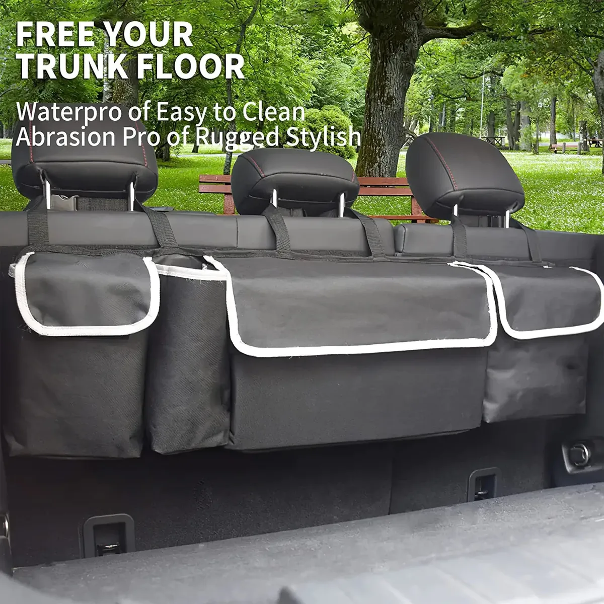 Car Trunk Hanging Organizer, Custom Logo For Your Car Thick Backseat Trunk Storage Bag with 4 Pockets and 3 Adjustable Shoulder Straps, Foldable Car Trunk Interior Accessories Releases Your Trunk Space, Free Trunk Floor