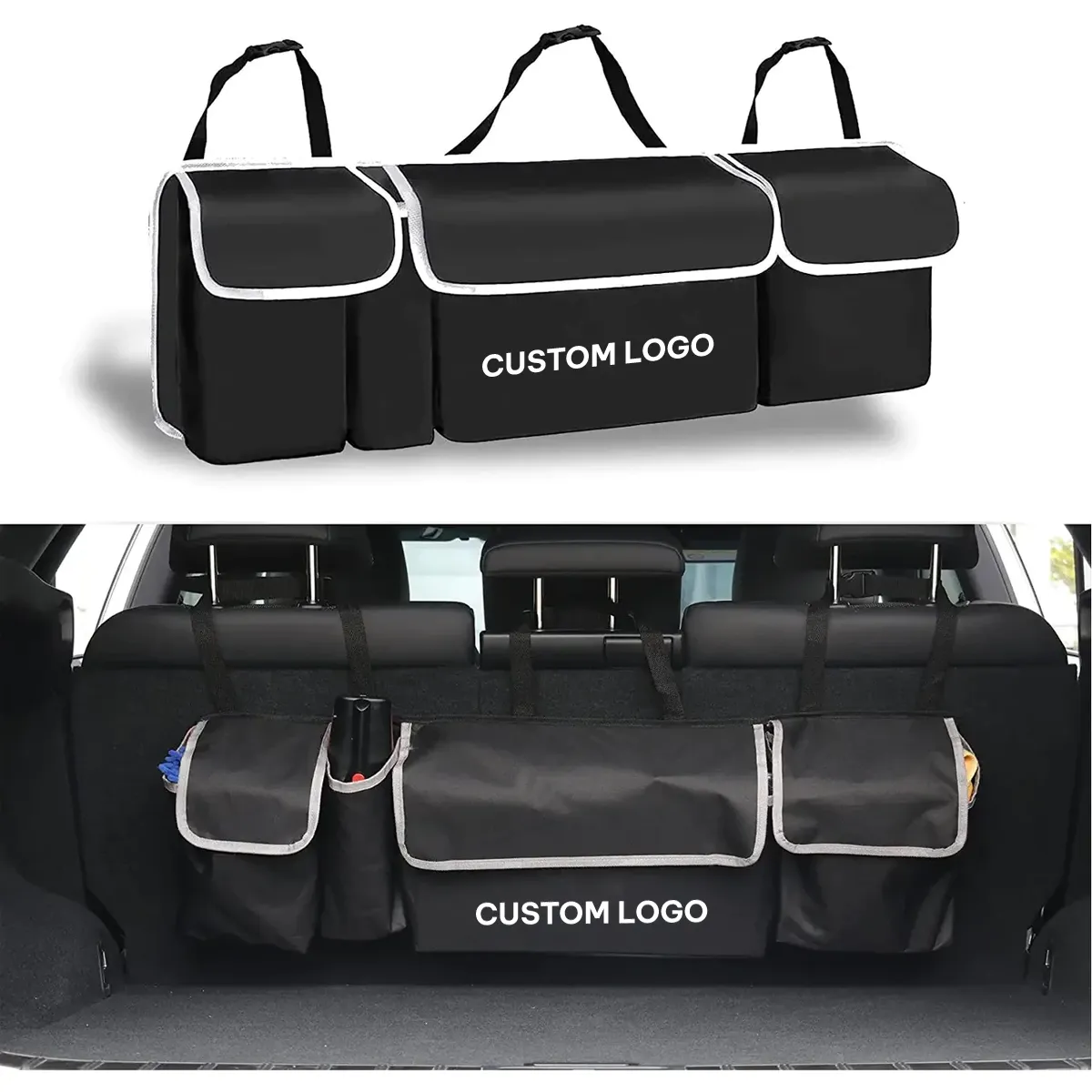 Car Trunk Hanging Organizer Fit Your Car, Thick Backseat Trunk Storage Bag with 4 Pockets and 3 Adjustable Shoulder Straps, Foldable Car Trunk Interior Accessories Releases Your Trunk Space, Free Trunk Floor