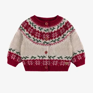 Cardigan en tricot crème et rouge à motifs des fêtes, bébé || Cream and red knit cardigan with holiday all over print, baby