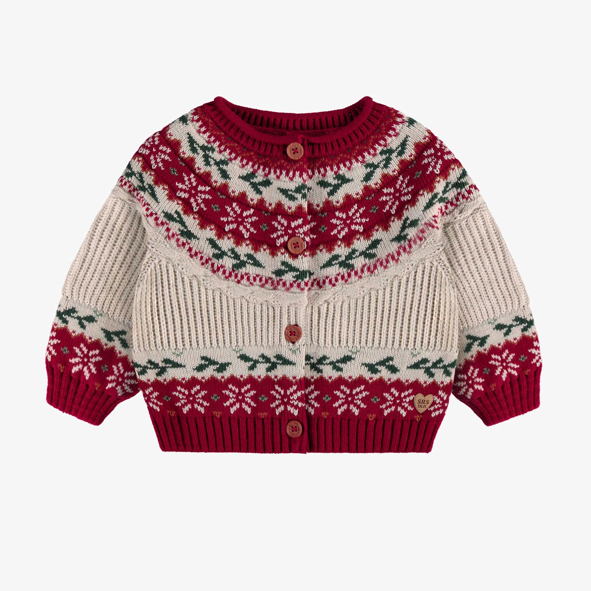 Cardigan en tricot crème et rouge à motifs des fêtes, bébé || Cream and red knit cardigan with holiday all over print, baby