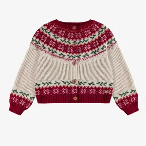 Cardigan en tricot crème et rouge à motifs des fêtes, enfant || Cream and red knit cardigan with holiday all over print, child