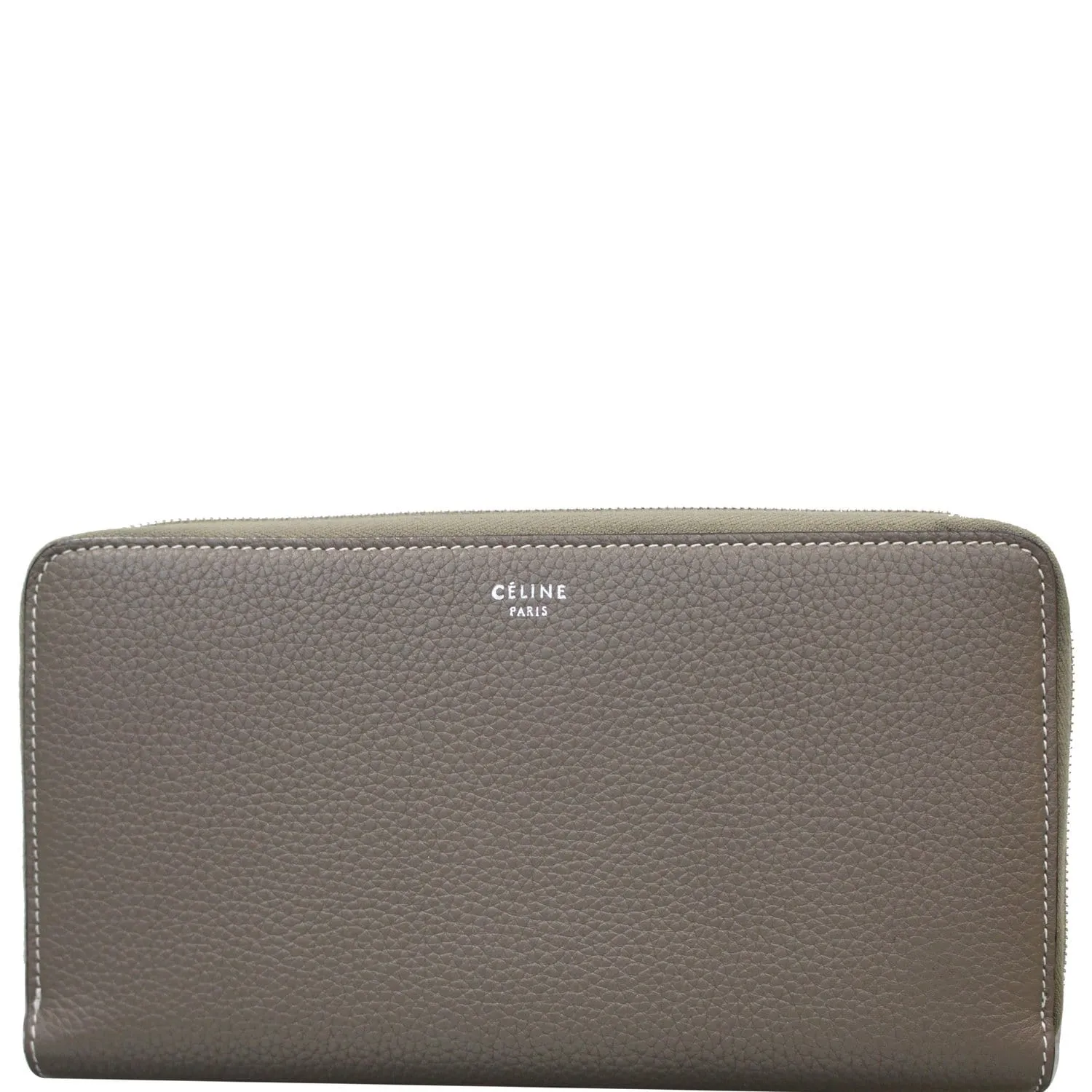 CELINE Large Zip Around Multifunction Drummed Calfskin Wallet Taupe Grey