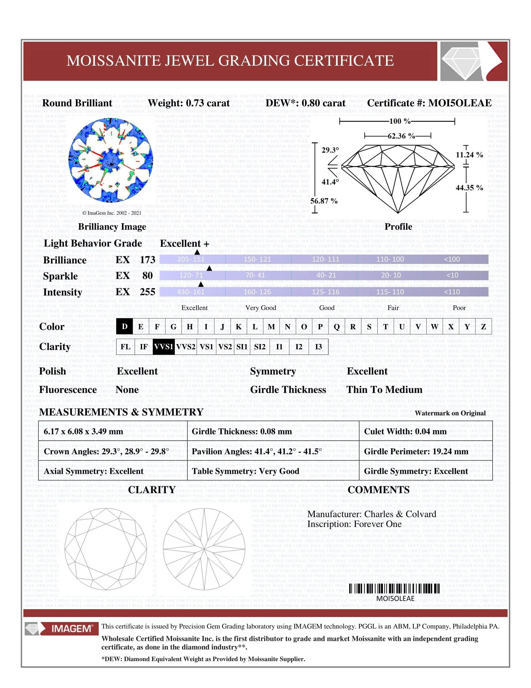 Certified Round Forever One Charles & Colvard Loose Moissanite Stone - 1.00 Carats - D Color - VVS1 Clarity
