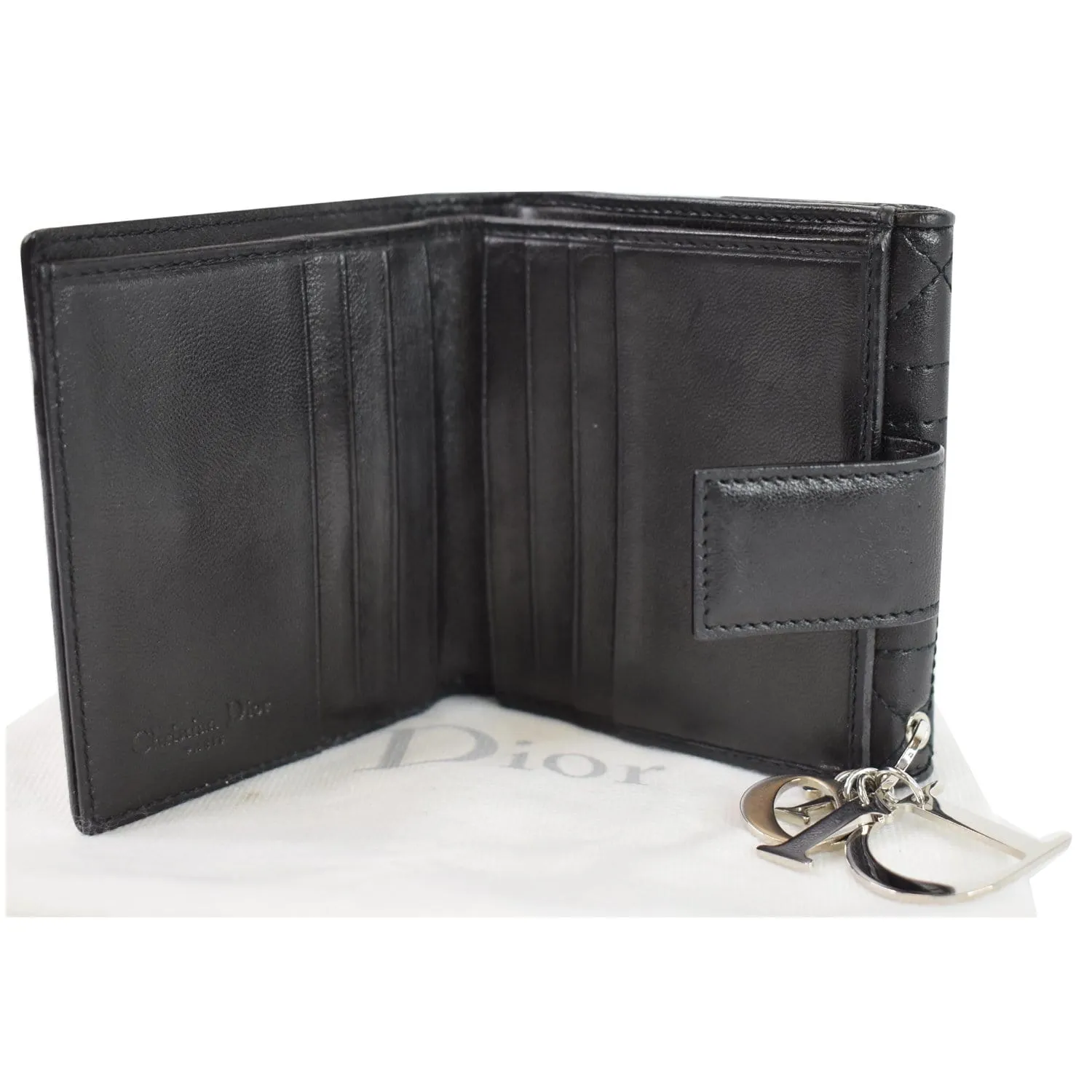 CHRISTIAN DIOR Cannage Lady Dior Charm Leather Wallet Black