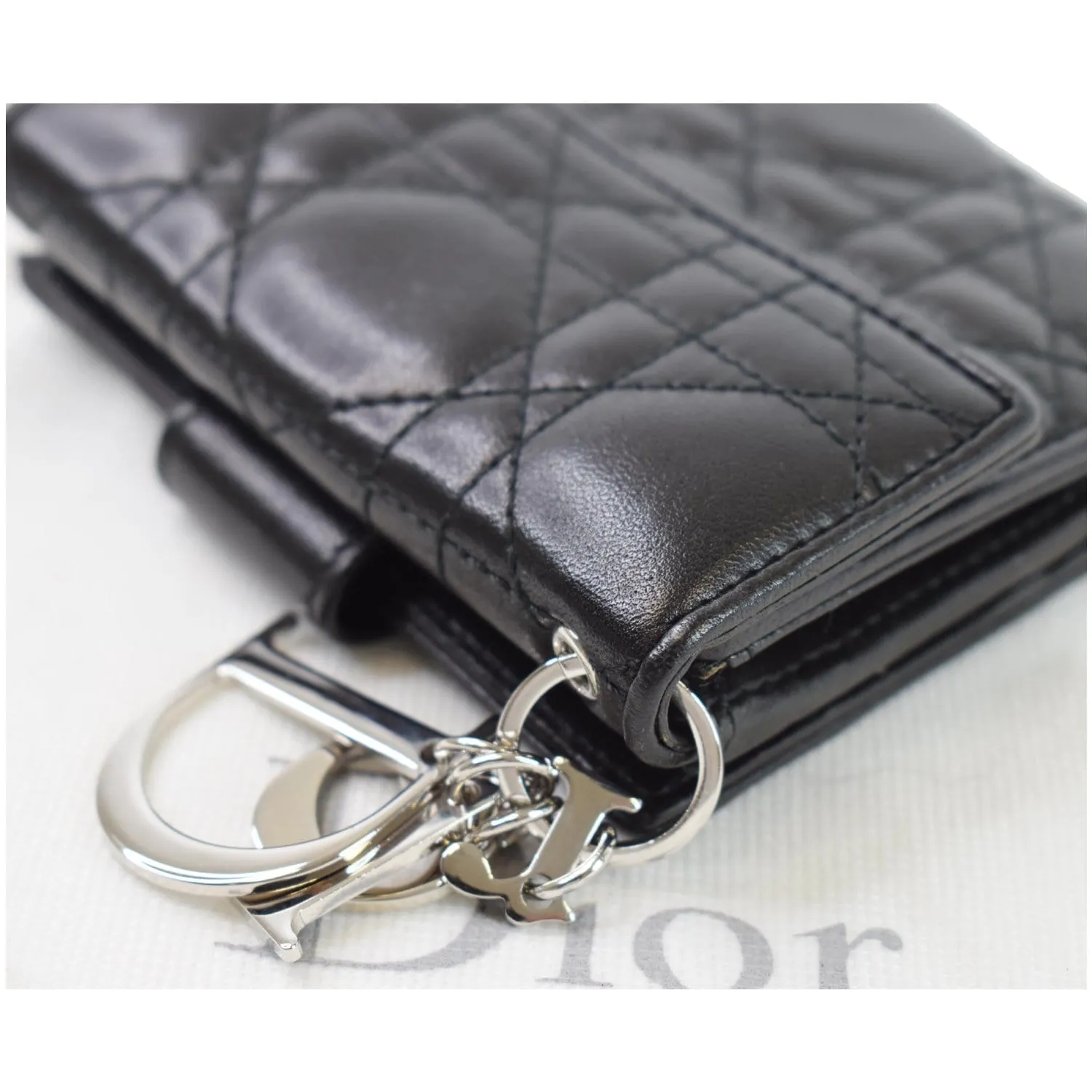 CHRISTIAN DIOR Cannage Lady Dior Charm Leather Wallet Black