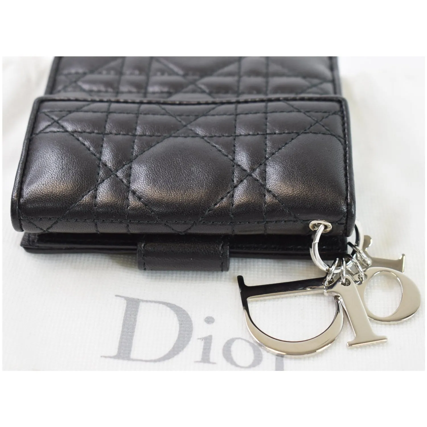 CHRISTIAN DIOR Cannage Lady Dior Charm Leather Wallet Black