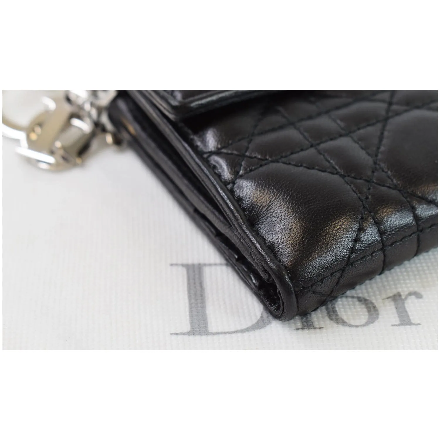 CHRISTIAN DIOR Cannage Lady Dior Charm Leather Wallet Black