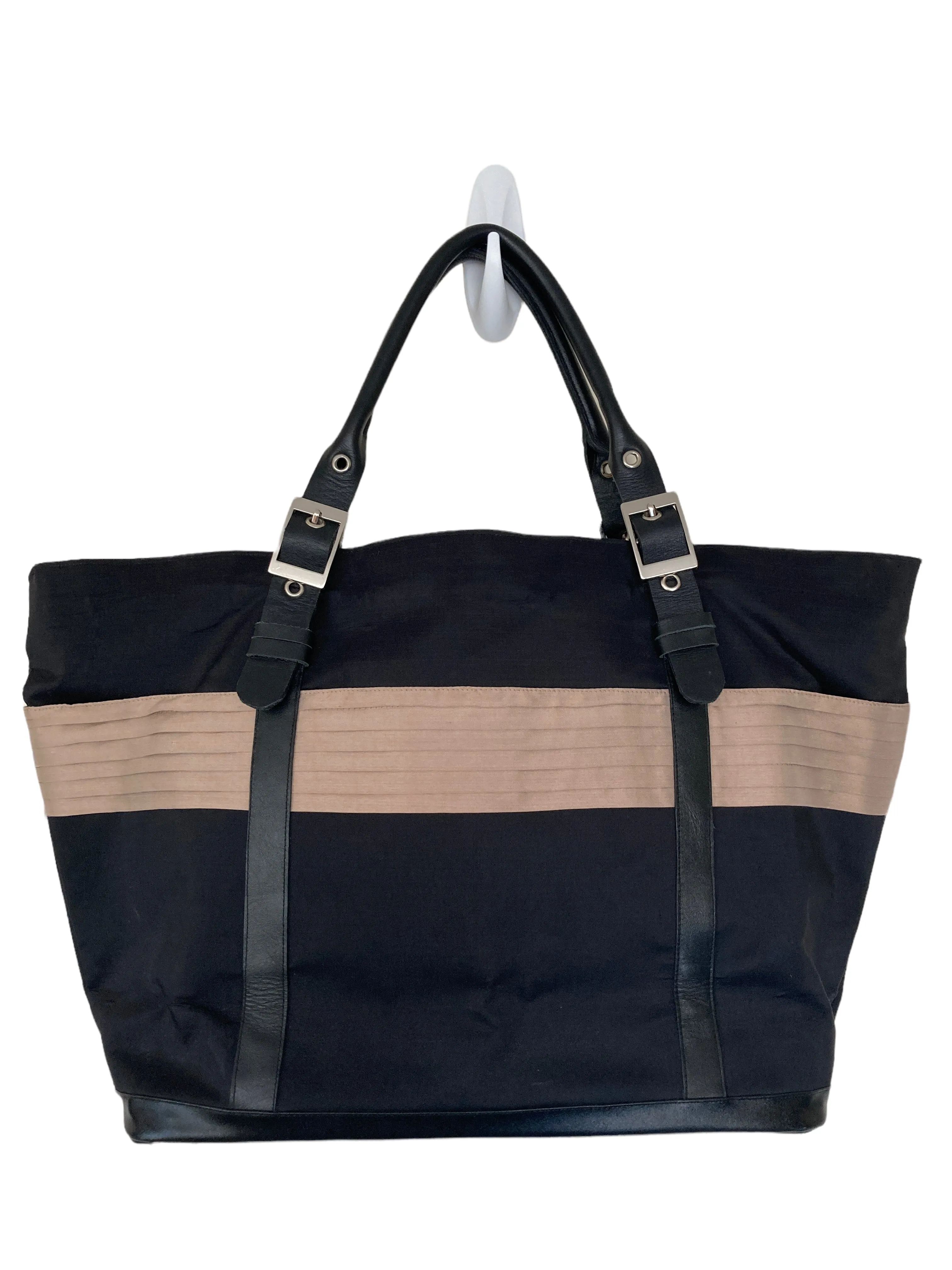 Clare V. Black/Taupe Silk and Leather Tote