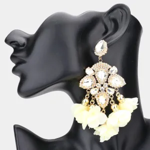 Clear Crystal and Ivory Fabric Flower Fun Fashion Chandelier Earrings on Gold | 541396