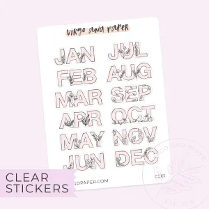 Clear Mini Hand Drawn Floral Jan-Dec Monthly Labels in Pink