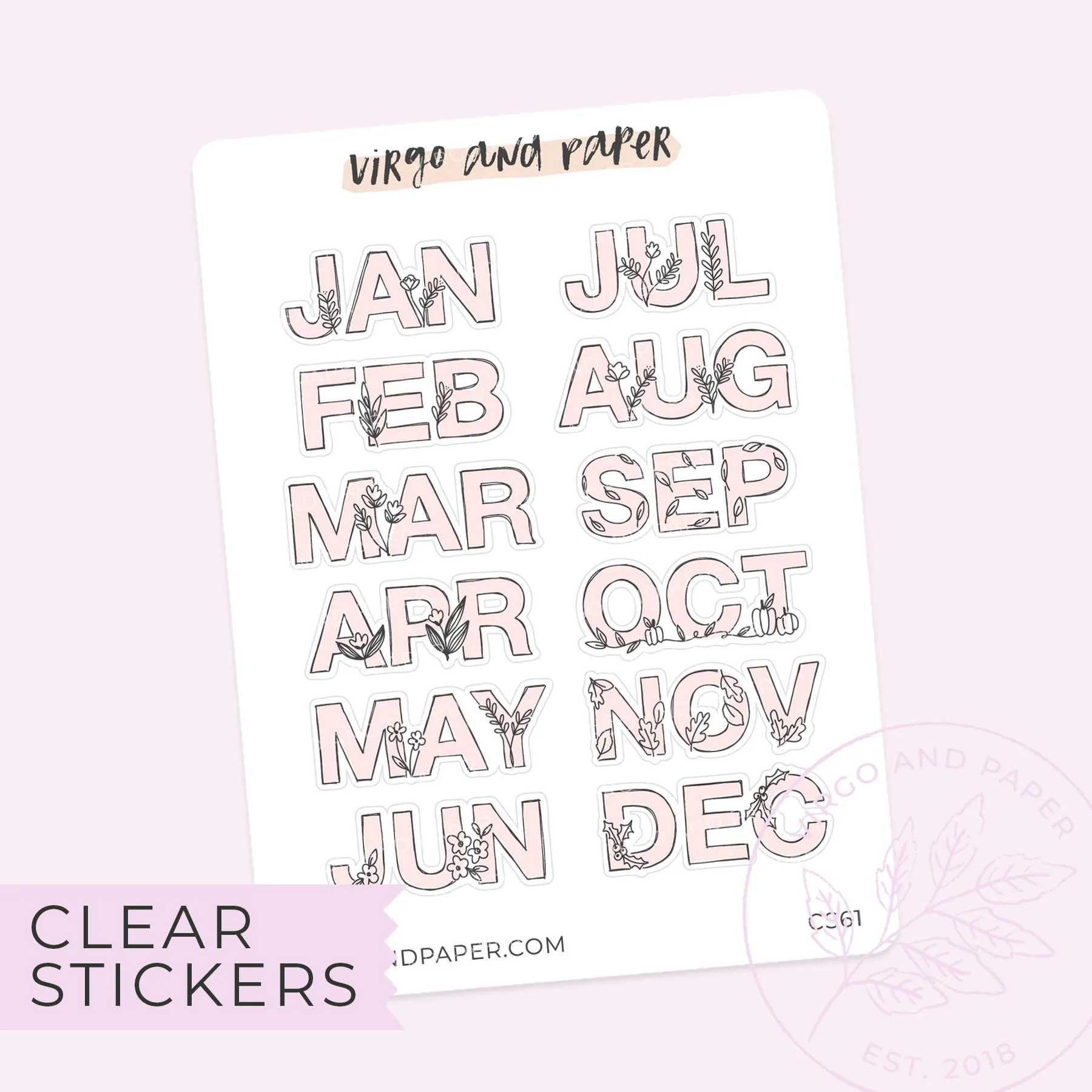 Clear Mini Hand Drawn Floral Jan-Dec Monthly Labels in Pink