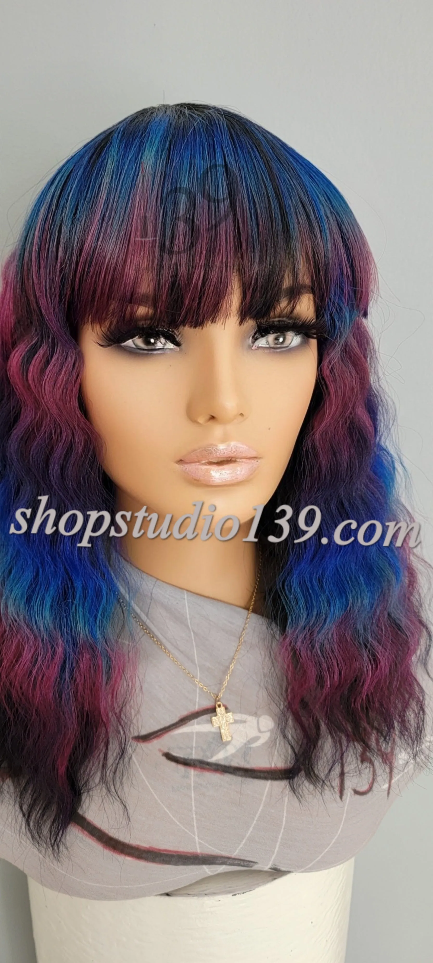 Color block wavy bang wig