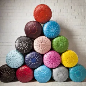 Colorful Moroccan Round Leather Pouf