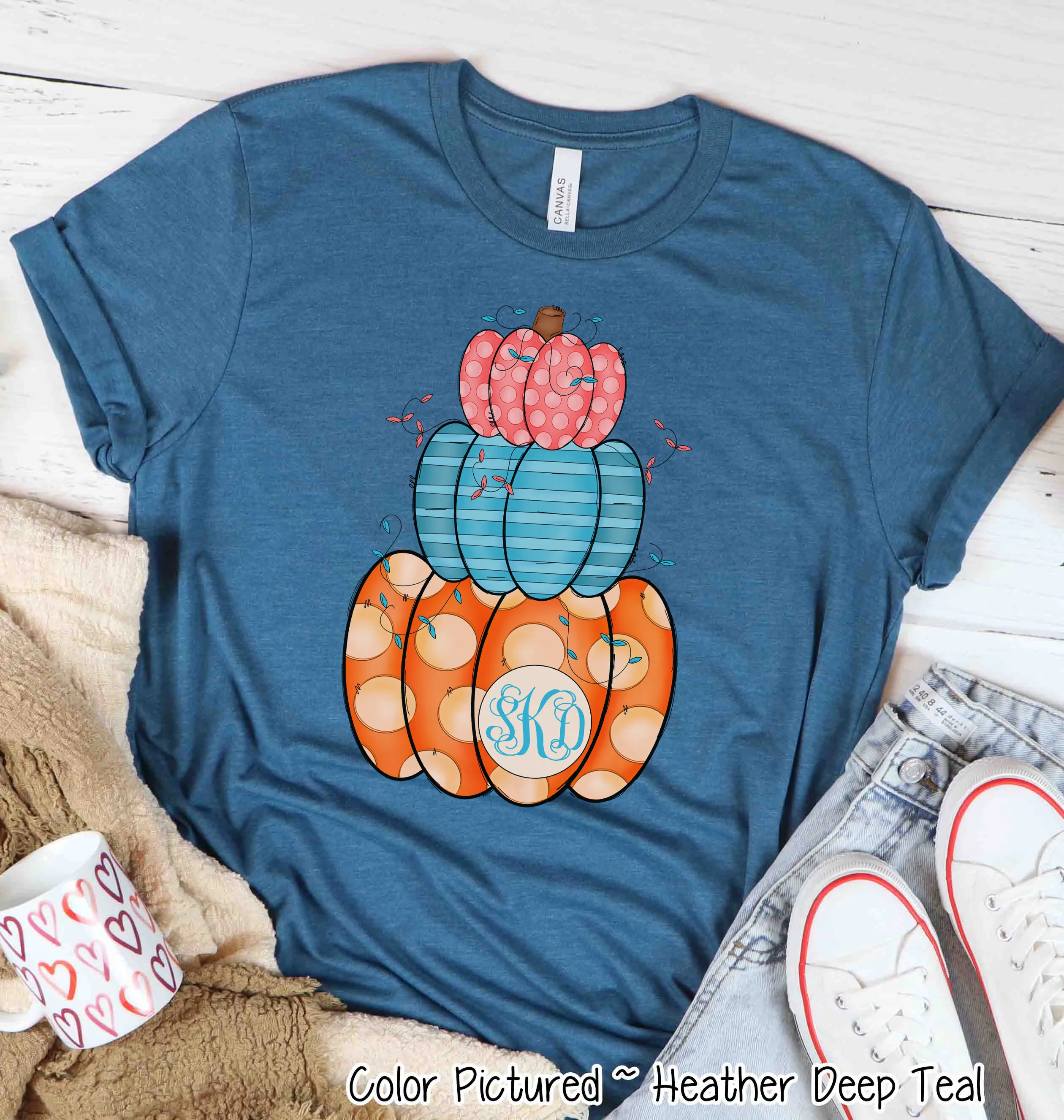 Colorful Stack of Cute Pumpkins with Monogram Fall Tee
