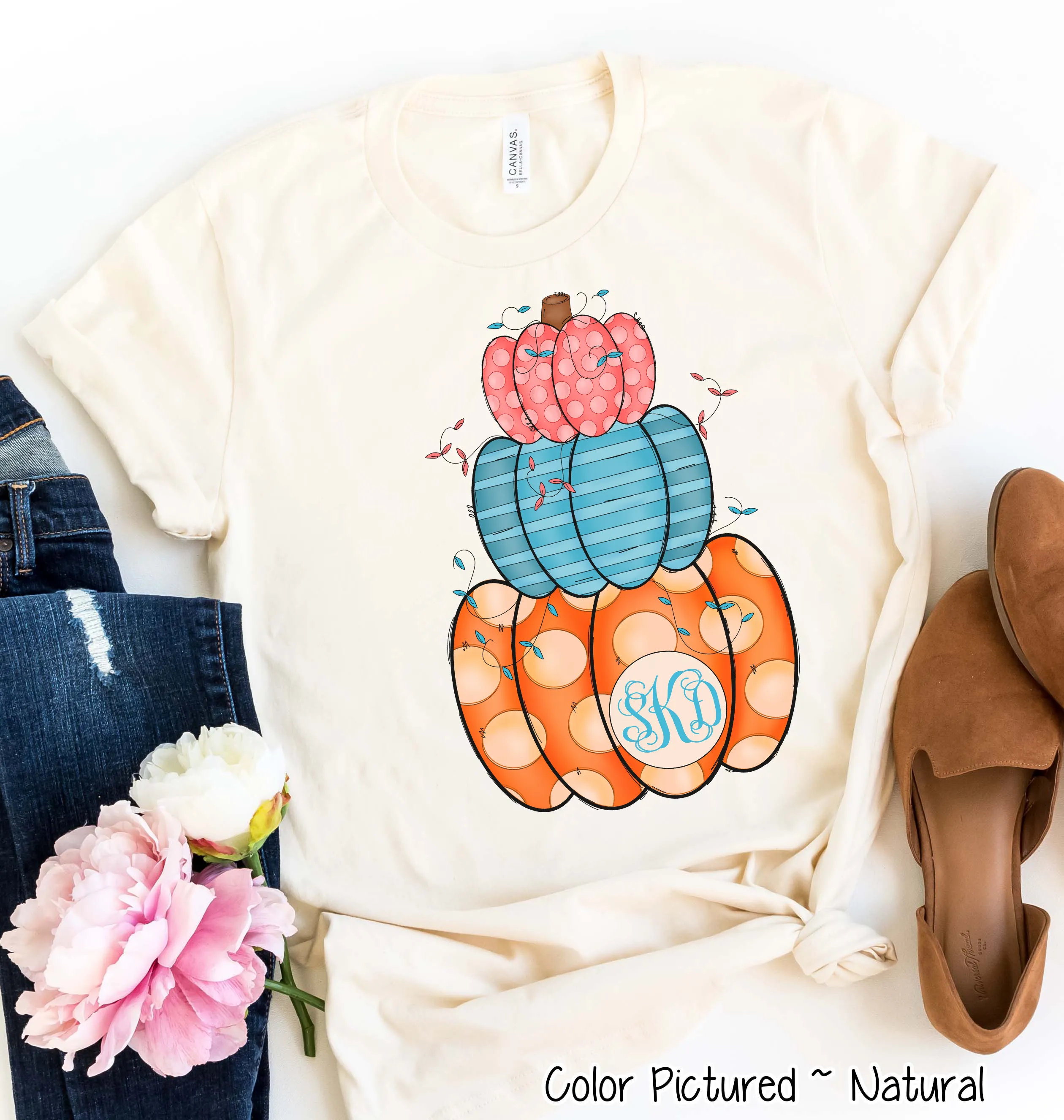 Colorful Stack of Cute Pumpkins with Monogram Fall Tee