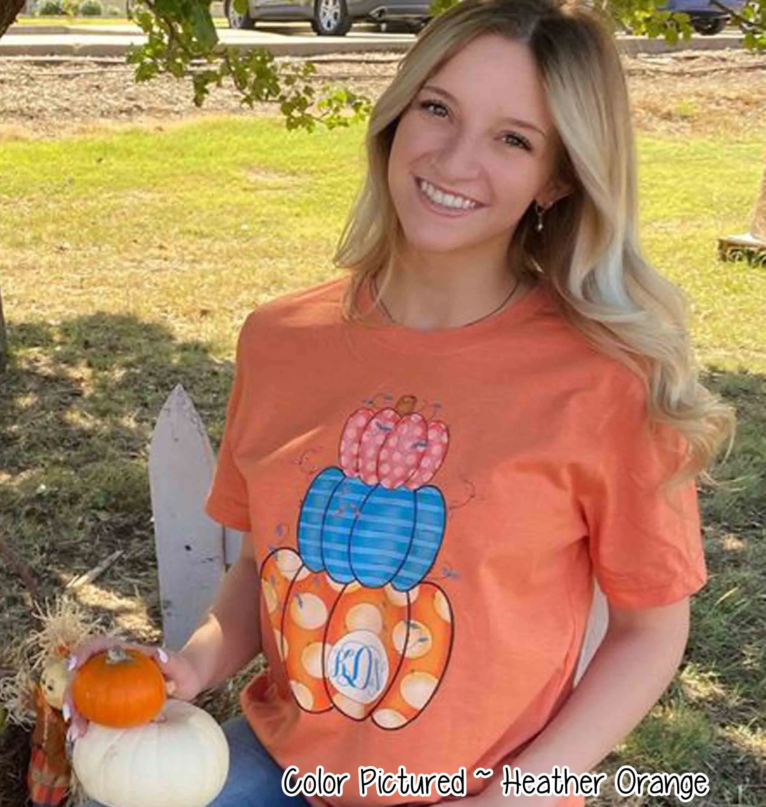 Colorful Stack of Cute Pumpkins with Monogram Fall Tee