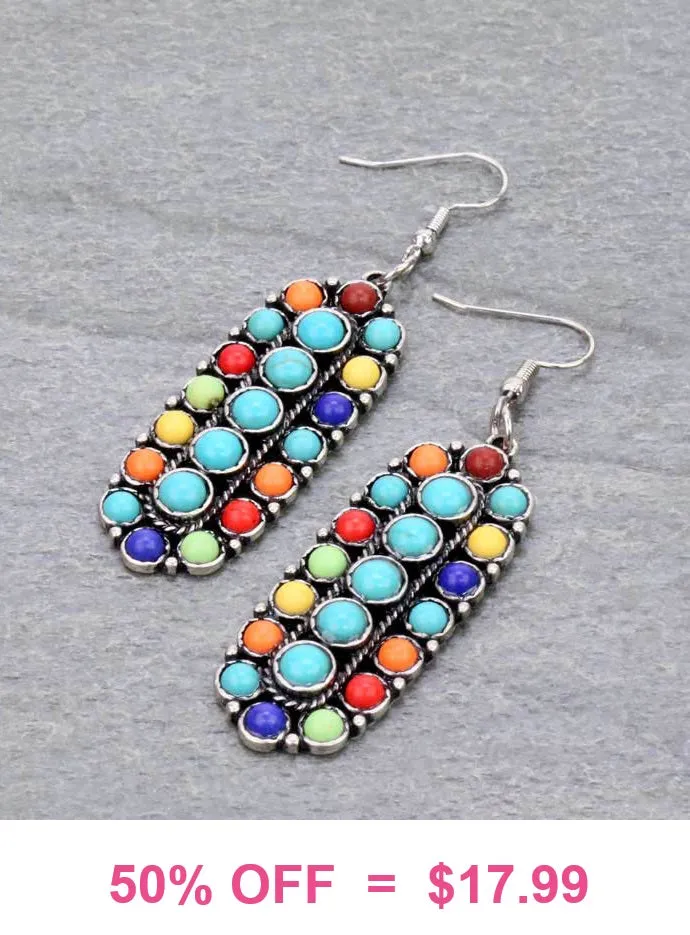 Colorful stones oblong concho earrings