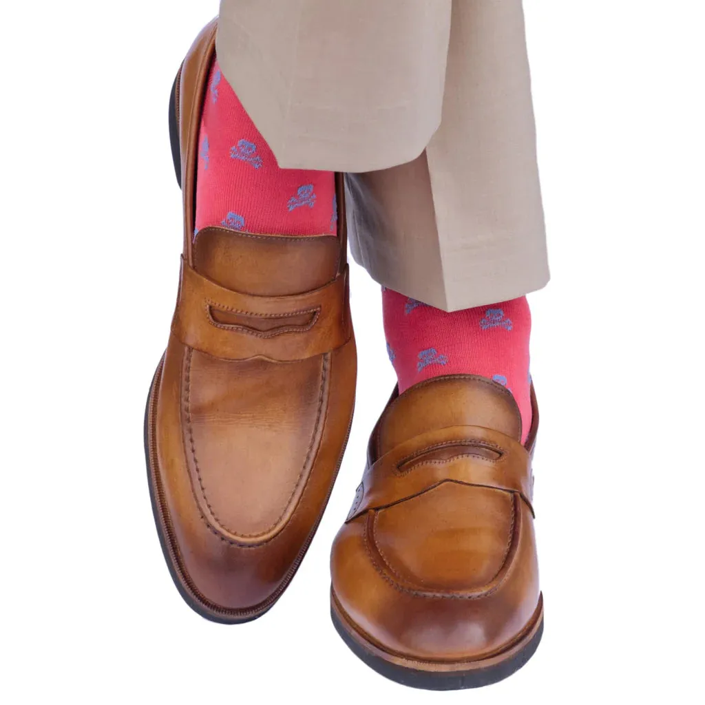 Coral with Azure Blue Skull and Crossbone Cotton Sock
