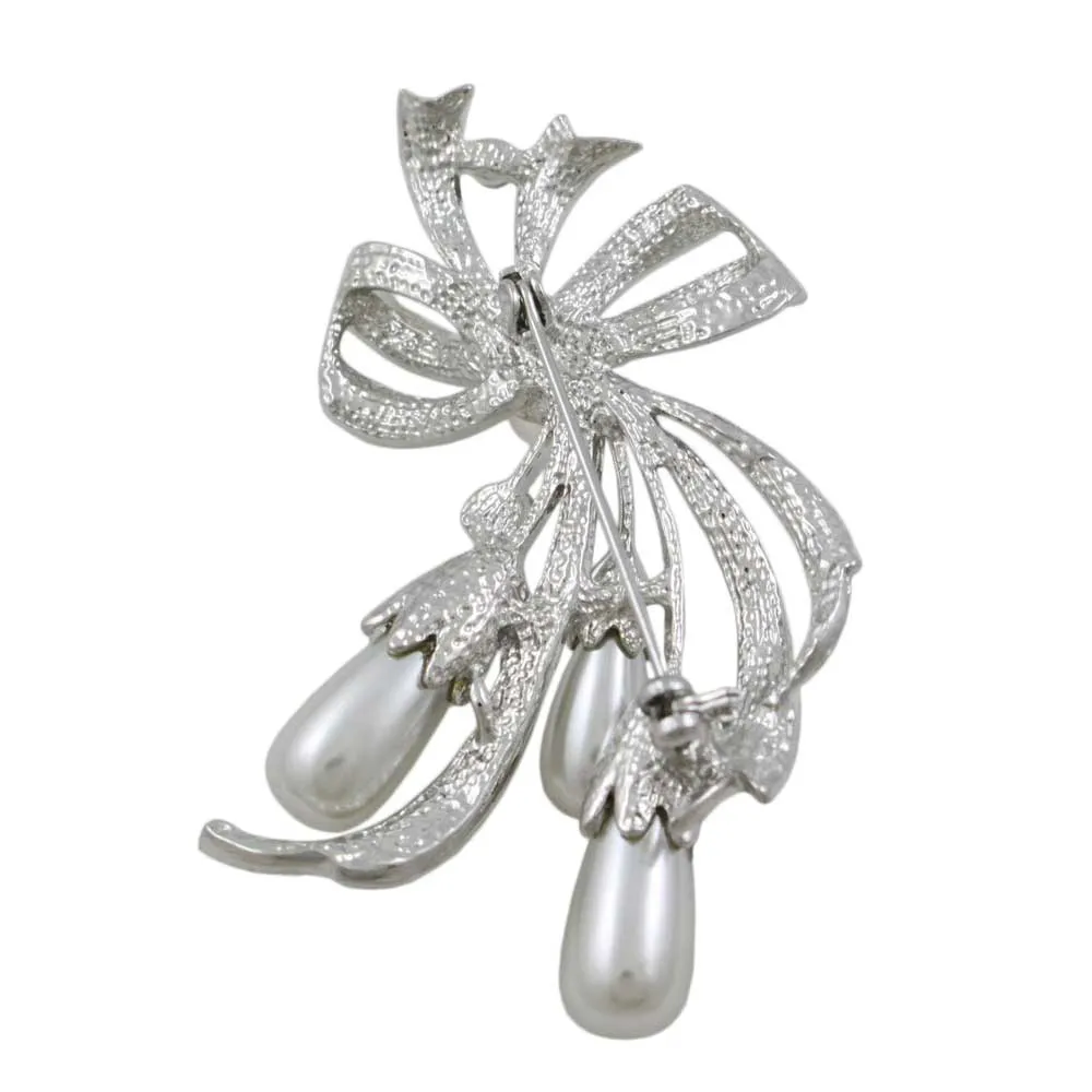 Crystal Bow with Light Gray Teardrop Pearls Brooch Pin - PRP743