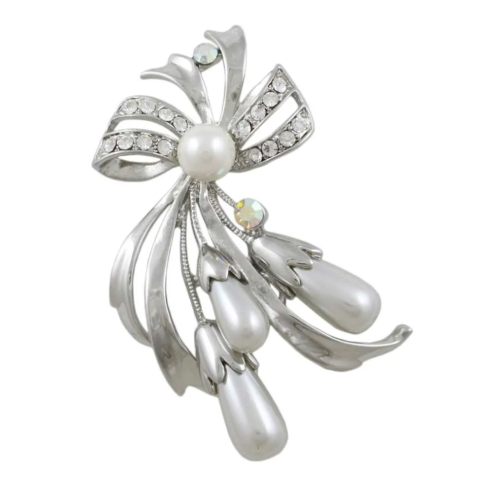 Crystal Bow with Light Gray Teardrop Pearls Brooch Pin - PRP743
