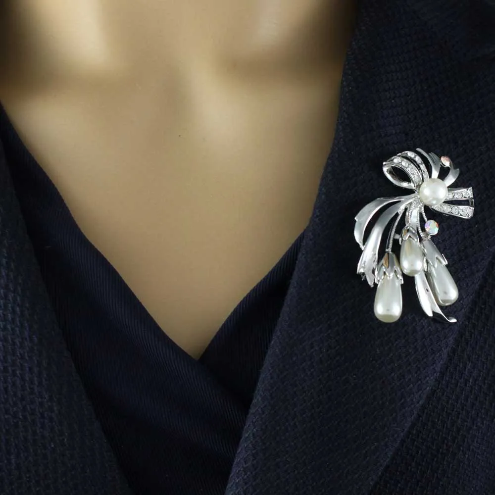 Crystal Bow with Light Gray Teardrop Pearls Brooch Pin - PRP743