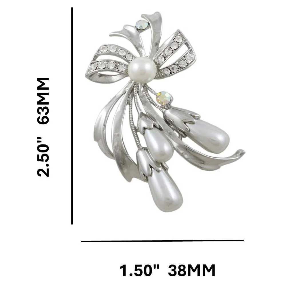Crystal Bow with Light Gray Teardrop Pearls Brooch Pin - PRP743