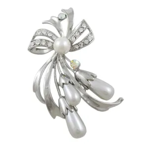 Crystal Bow with Light Gray Teardrop Pearls Brooch Pin - PRP743