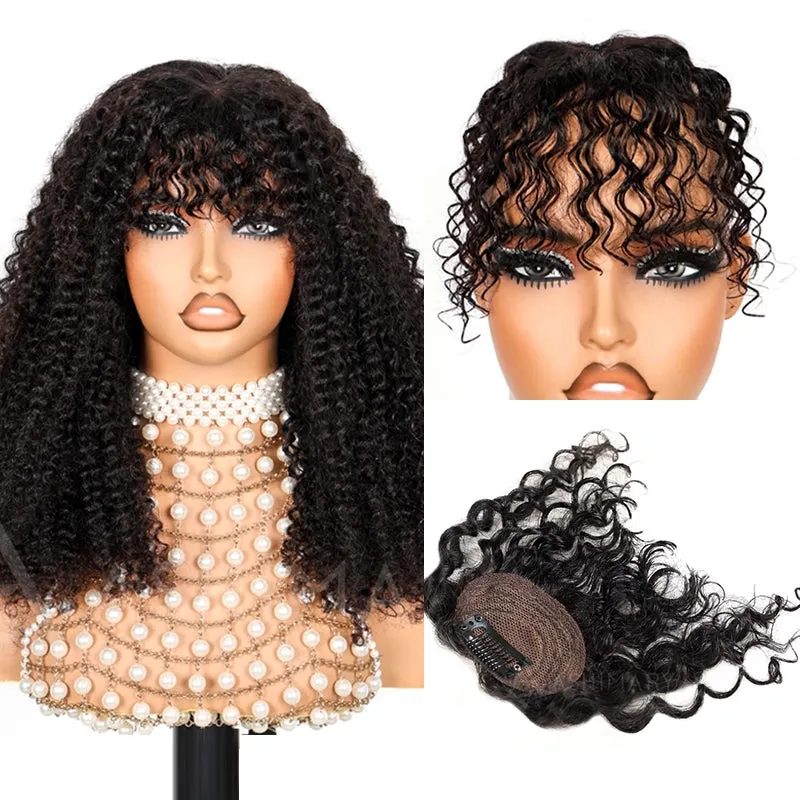 Curly Bangs Clip In Bang with Temples Hand-Tied Melt Lace Human Hair Extension