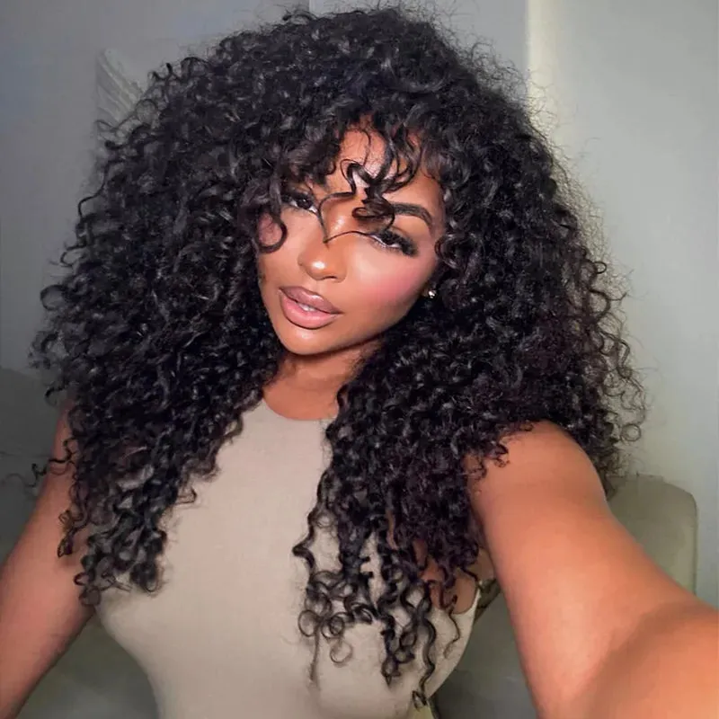Curly Bangs Clip In Bang with Temples Hand-Tied Melt Lace Human Hair Extension