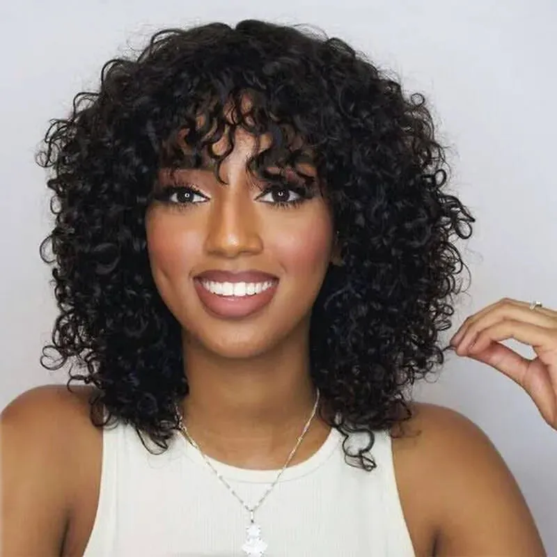 Curly Bangs Clip In Bang with Temples Hand-Tied Melt Lace Human Hair Extension