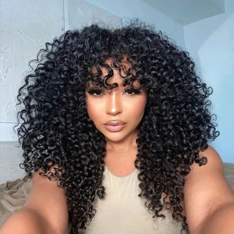 Curly Bangs Clip In Bang with Temples Hand-Tied Melt Lace Human Hair Extension